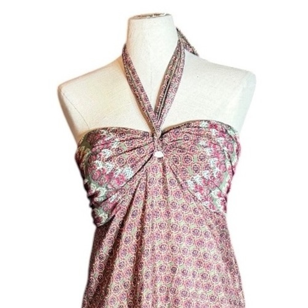 Attention Pink Green Geometric Floral Smocked Halter Maxi Dress Large - Picture 2 of 6